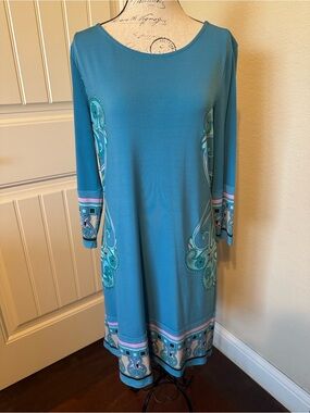 MICHAEL Michael Kors Teal Long Sleeve Border Print A-Line Dress